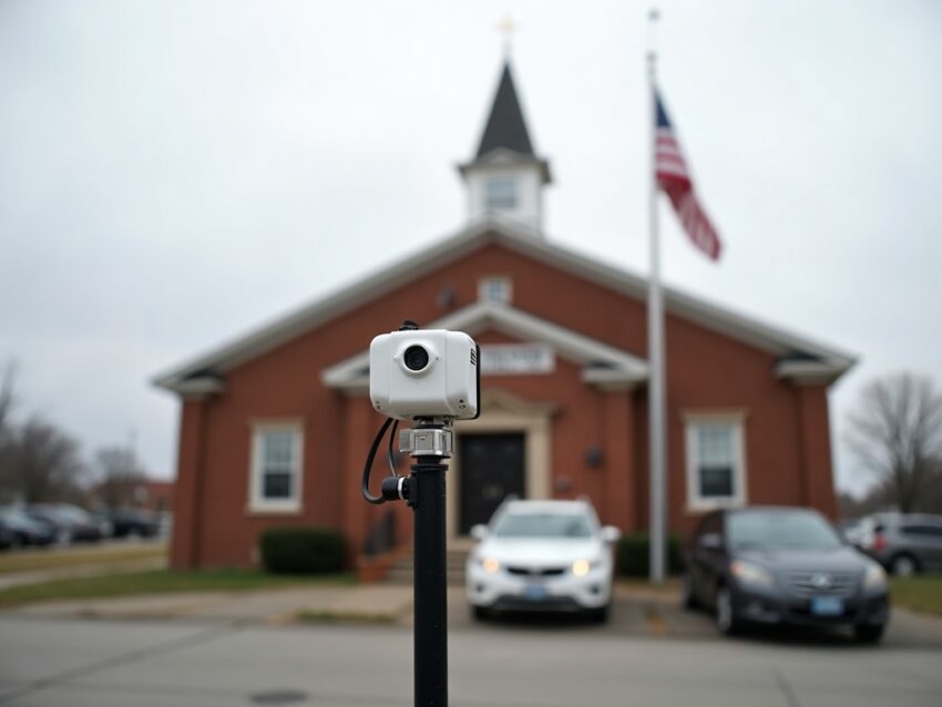 A license plate reader camera stands watch outside a Tennessee county courthouse