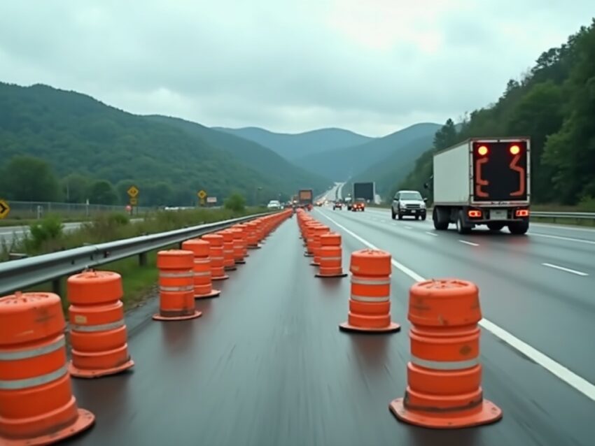 A conventional TDOT lane closure on an East Tennessee interstate, with barrels