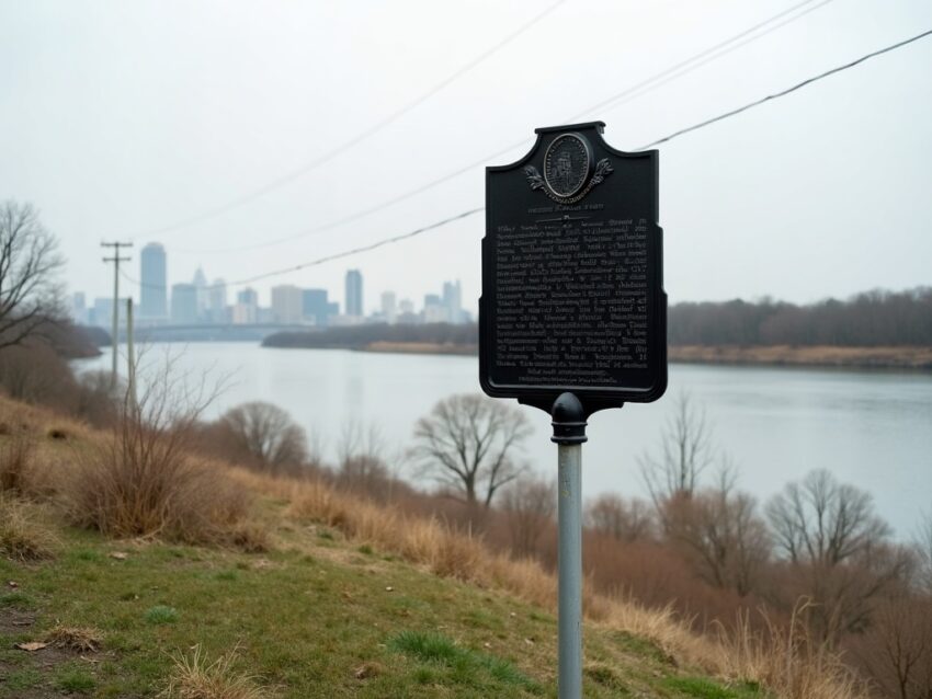 A historical marker stands in an empty lot on the South Knoxville riverbank where the Kerbela tunnel does not exist