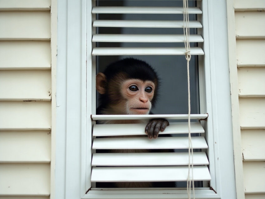A small capuchin monkey peers through white venetian blinds from inside a suburban house window