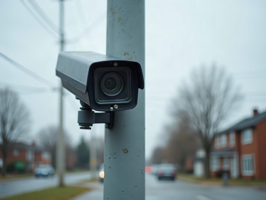 A license-plate reading camera mounted on a traffic pole at a generic intersection