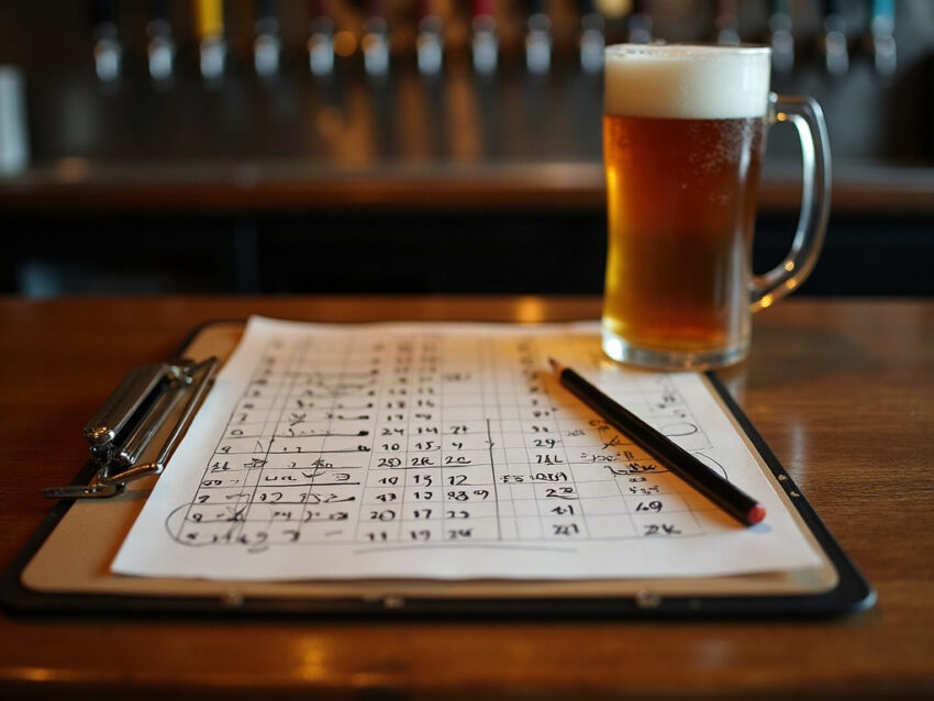 A clipboard on a brewery bar top holding a tally sheet full of conflicting crossed-out numbers, with a pencil and a full mug of beer beside it