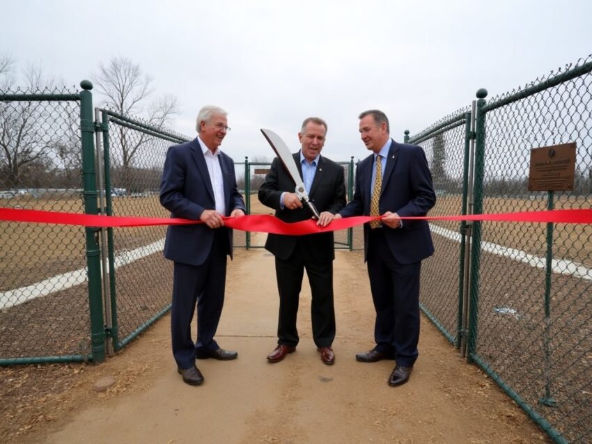 Officials cut the ribbon at the new Knox County dog park as attendees hold empty leashes