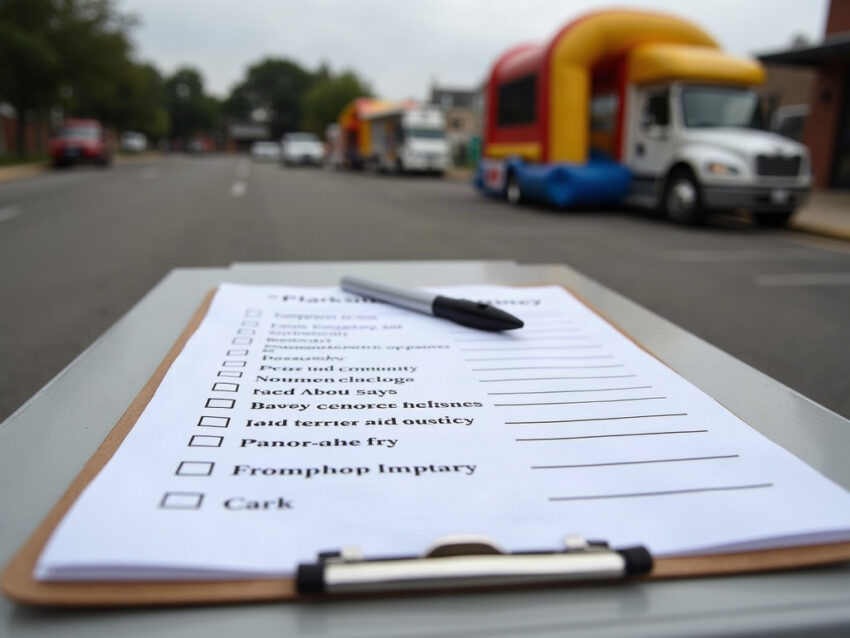 Closeup of a community-input survey clipboard on a folding table at an outdoor block party, with a bounce house and food truck blurred in the background
