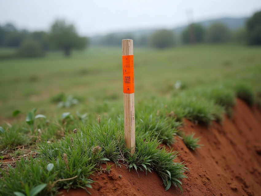 A wooden survey stake with orange flagging tape on a red-clay grass slope