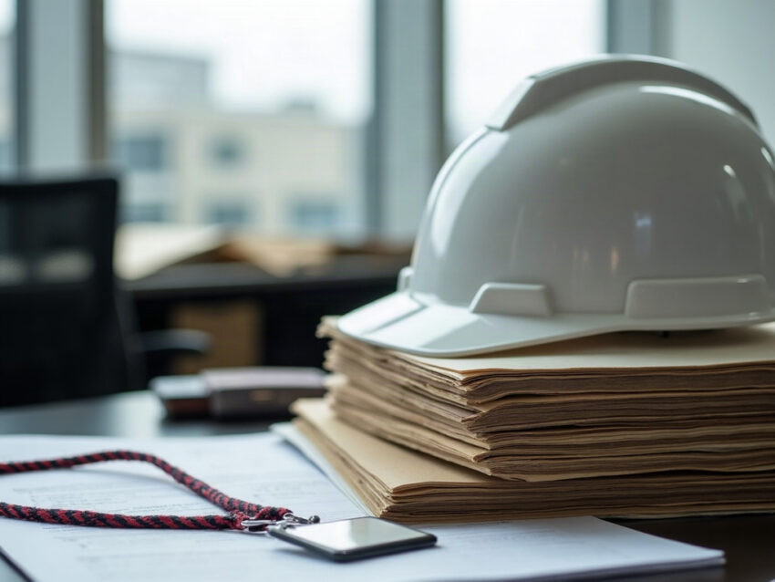 A construction hard hat rests atop a stack of bid documents and manila folders on a government office desk, with a name badge and lanyard beside it.