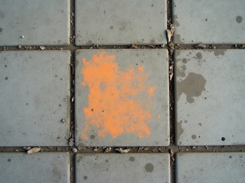 Overhead view of concrete sidewalk blocks with one block marked in orange paint