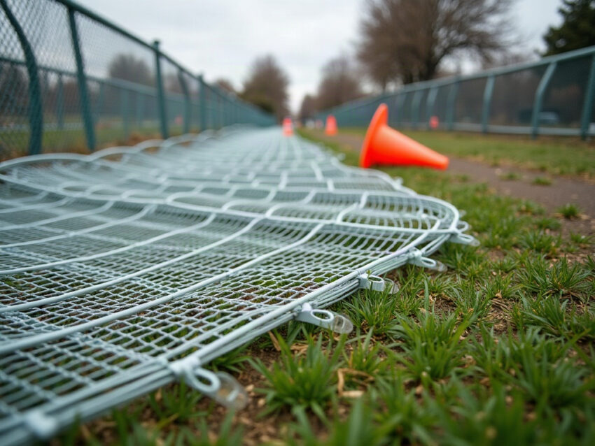 Flattened temporary event barricade fencing lying in trampled grass with a fallen traffic cone