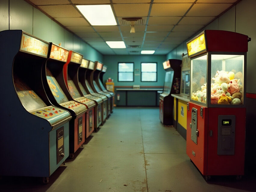 Interior of a small-town arcade with vintage cabinets, a Skee-Ball lane, and a claw machine