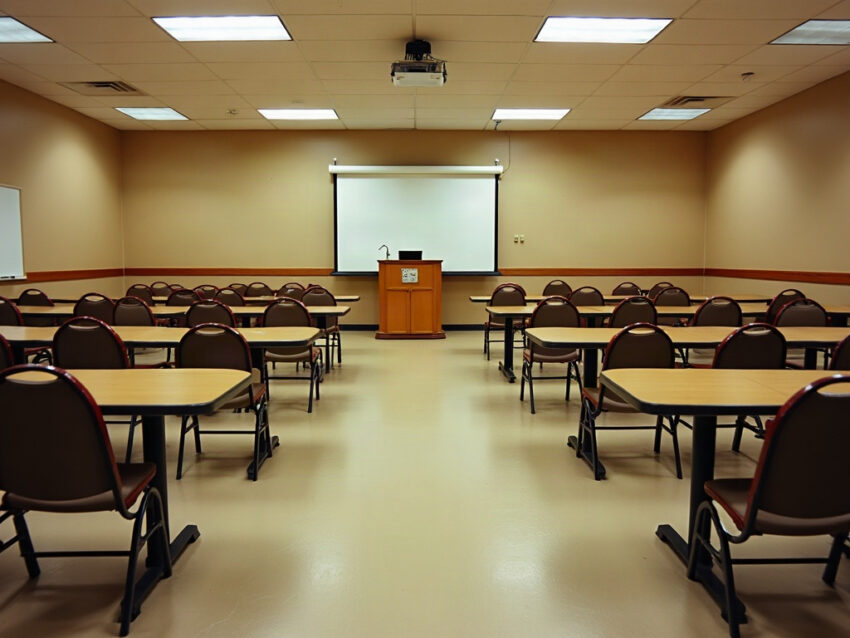 An empty beige banquet meeting room with folding chairs, a small lectern, and a projection screen
