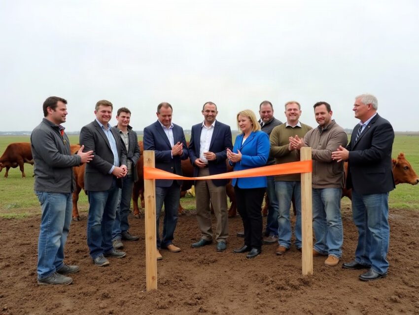 A small ribbon-cutting ceremony beside two wooden survey stakes in a muddy Knox County pasture, cattle grazing in the background.