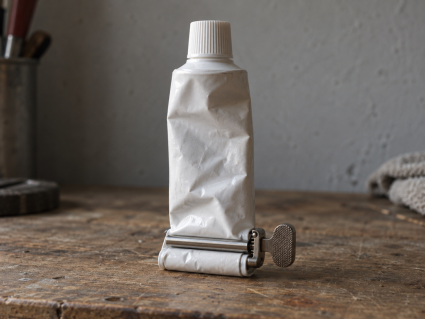 A crumpled white toothpaste tube rolled up from the bottom into a small machined steel winding key on a workbench
