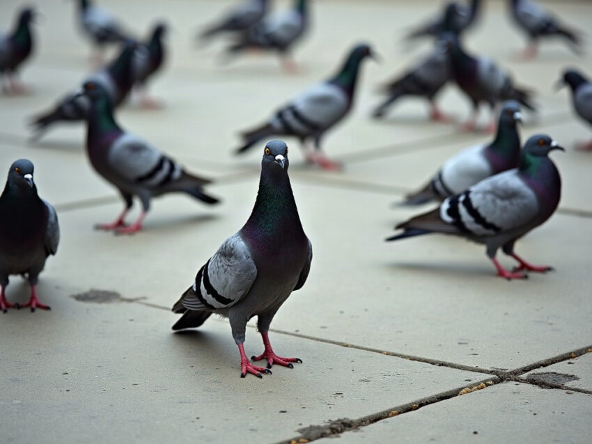 A group of gray pigeons standing on plain concrete pavers, one facing the camera