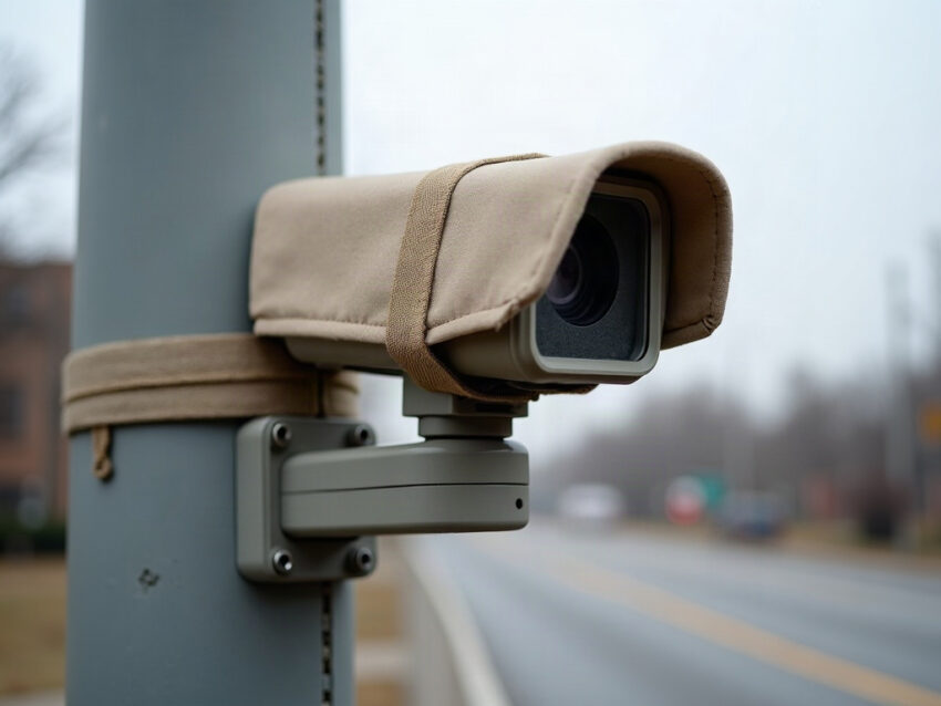 A fabric privacy shield cinched over an automated license-plate reader camera on a plain utility pole, overcast light
