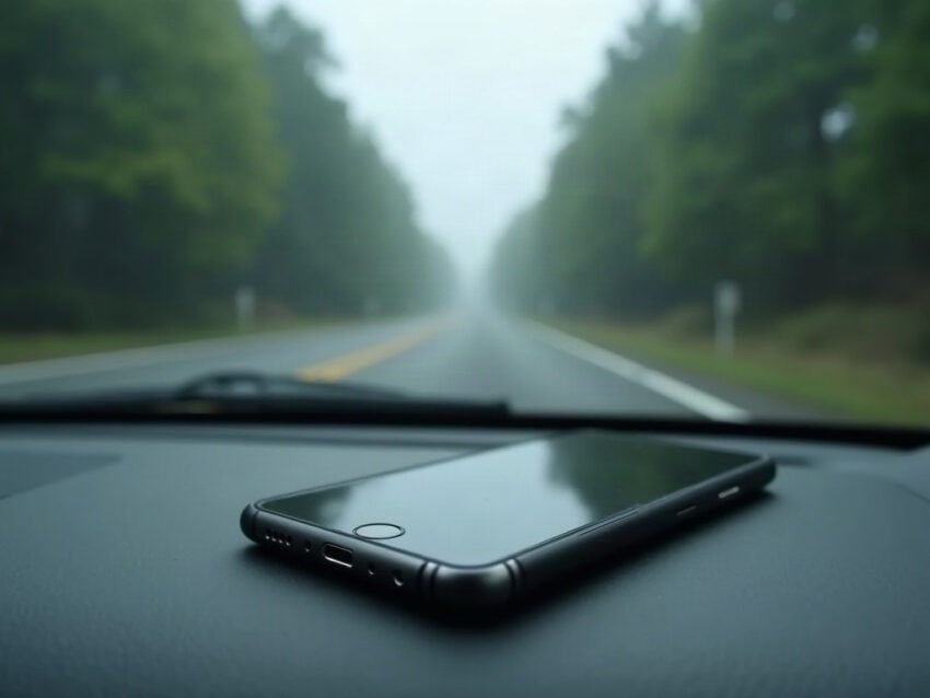 A smartphone lying on a car dashboard on a wet two-lane road lined with hardwood trees
