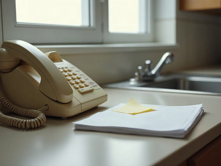 Corded kitchen wall telephone beside a stack of stapled pages with a sticky note on a laminate counter