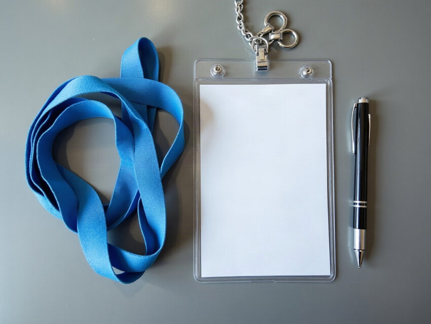Blue lanyard, empty badge holder and pen on a gray office counter