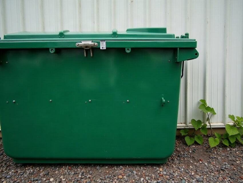 Green commercial dumpster with a newly installed steel latch on the lid, beside a metal wall and gravel