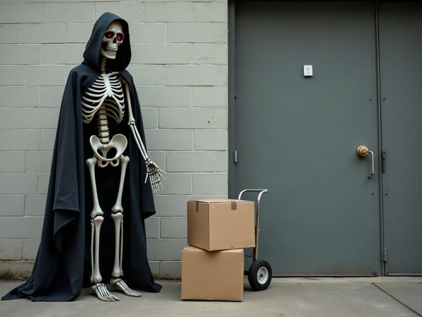 A hooded skeleton animatronic leaning against a cinderblock wall beside a steel back door, a hand truck and two cardboard boxes