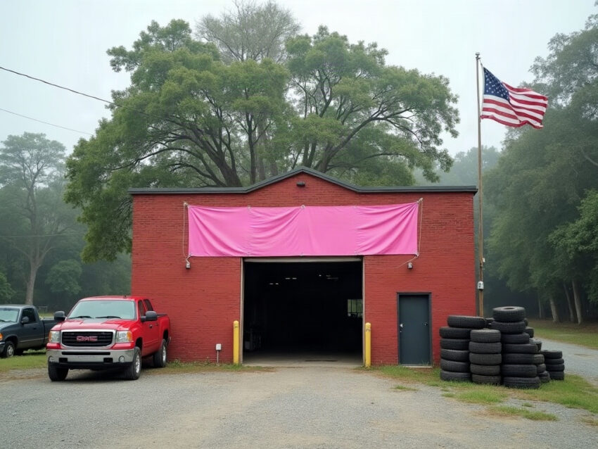 Red brick tire shop with a faded pink vinyl banner hung over the open service bay