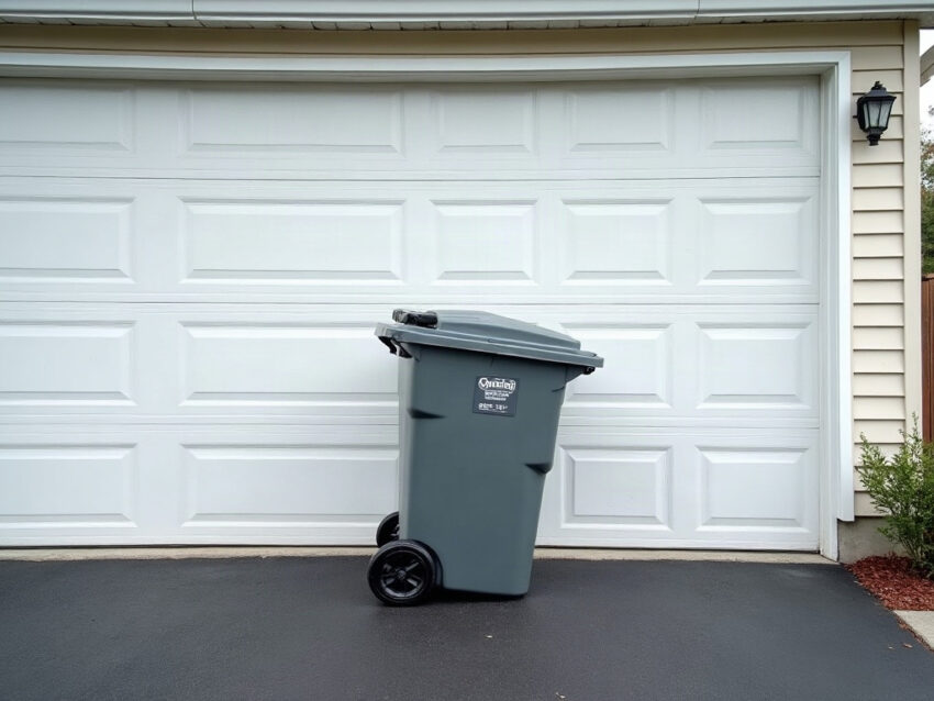 Gray trash cart in front of a garage door
