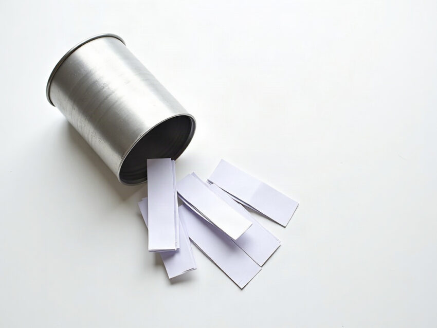 A steel coffee can tipped on its side with blank paper slips spilling out onto a white surface