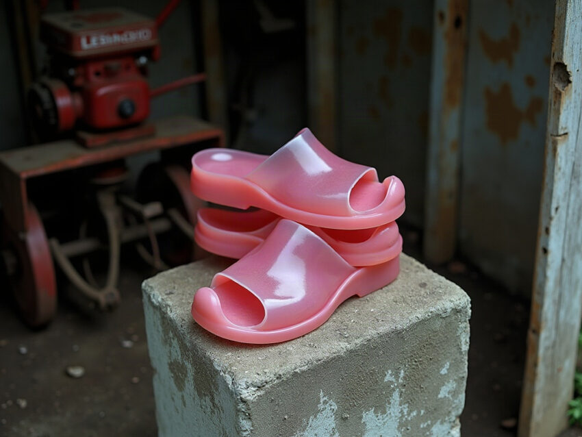 A pair of old pink plastic jelly sandals stacked on a concrete block in a shed beside a garden tiller