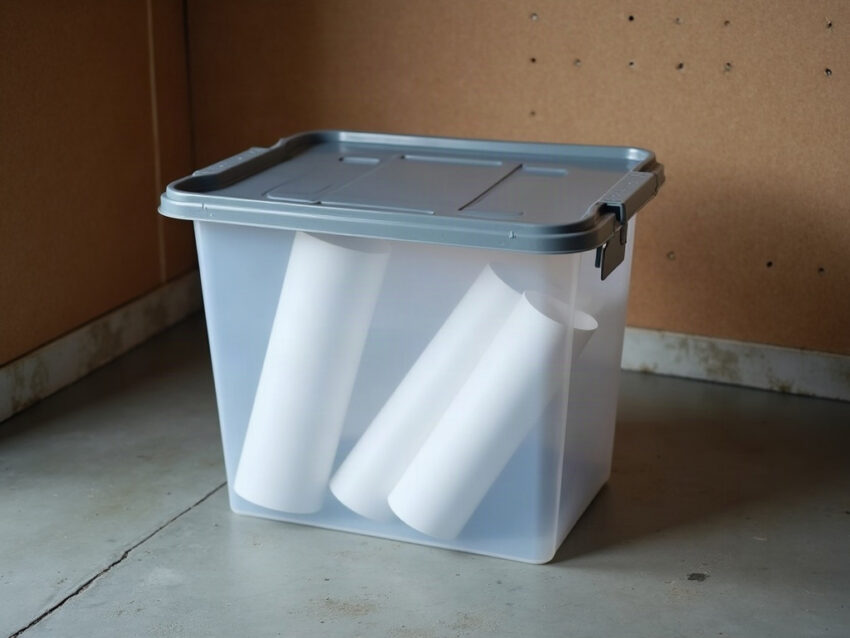 A clear plastic storage tote holding rolled plans on a garage floor