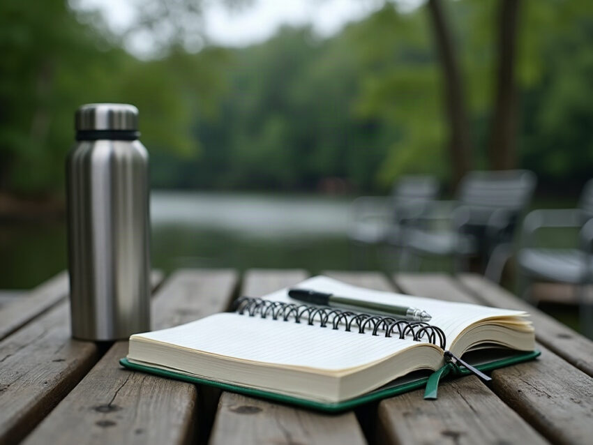 An open log notebook and a steel thermos on a weathered dock table beside a lake