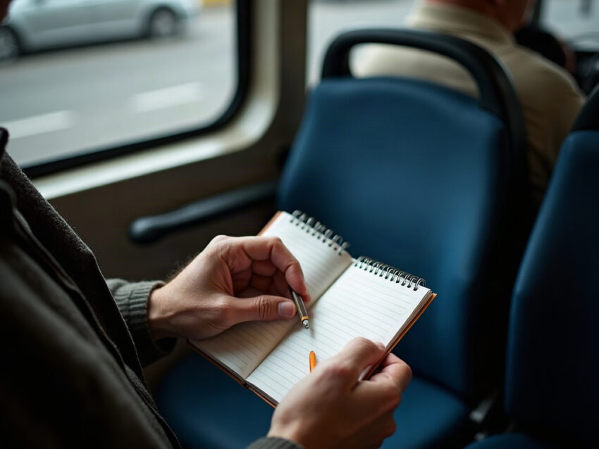 An older man writing in a small spiral notebook on a city bus