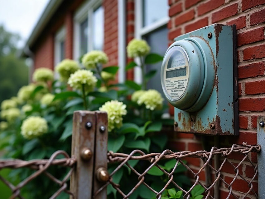 An old electric meter on a red brick wall beside hydrangeas and a wire-latched gate