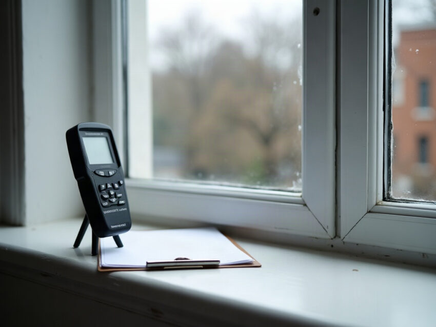 A handheld decibel meter on a small tripod and a clipboard on an apartment windowsill