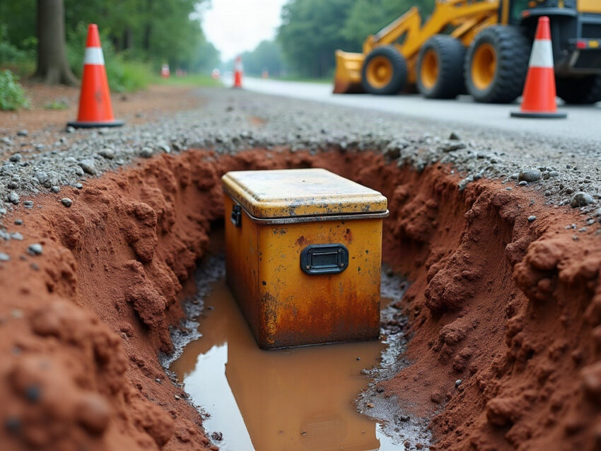 A rusted steel box in a muddy utility trench beside a roadway with traffic cones and a backhoe