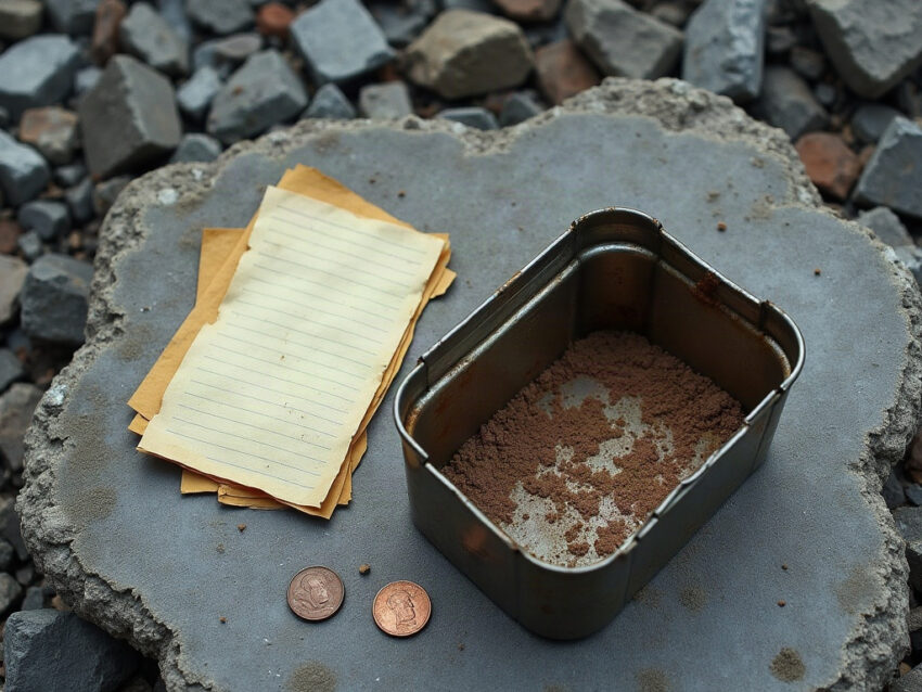 A small rusted tin and a folded sheet of old ledger paper on broken concrete, with a dime and a penny
