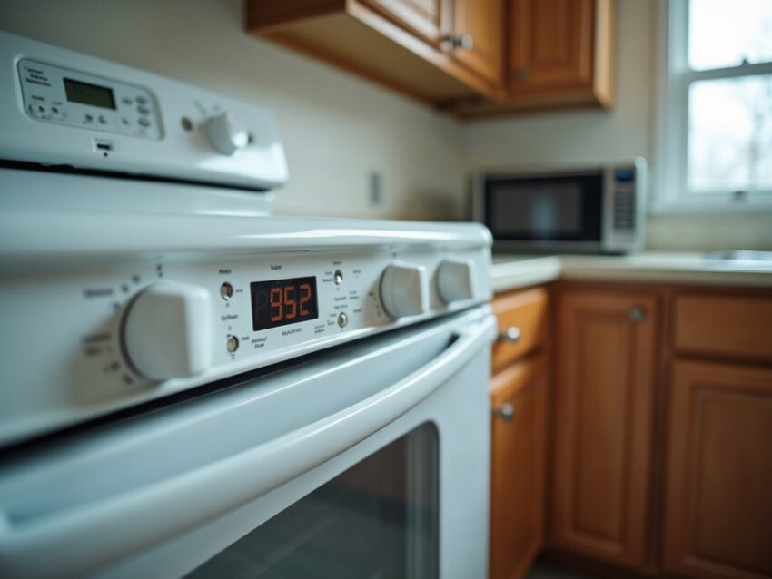 A white kitchen oven with a digital clock display and a microwave on the counter behind it