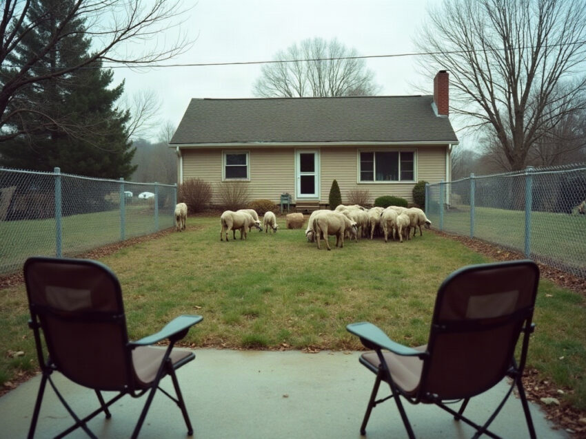 A small flock of sheep grazing in a fenced suburban backyard, with two empty folding chairs on a concrete patio in the foreground