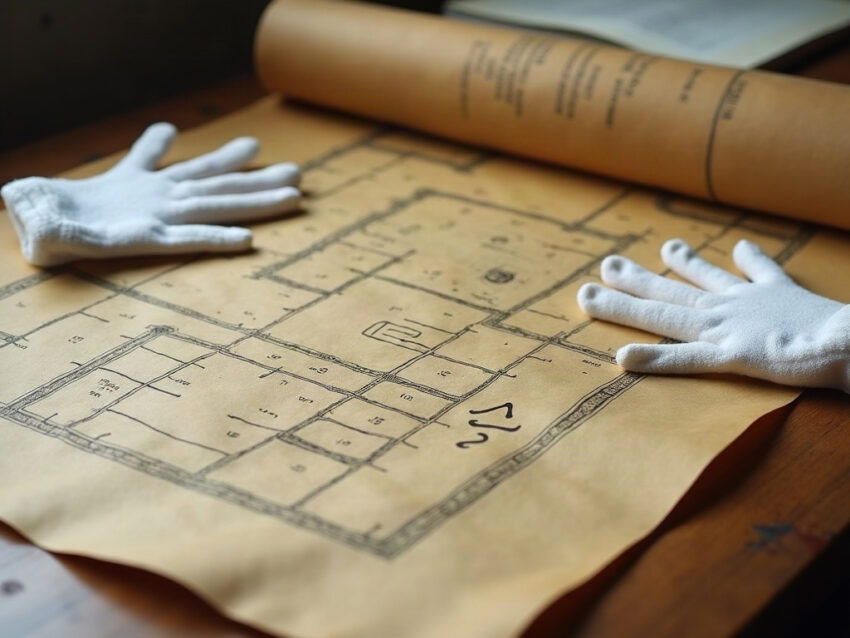 Aged hand-drawn surveyor's plat unrolled on a reading-room table with white archival gloves