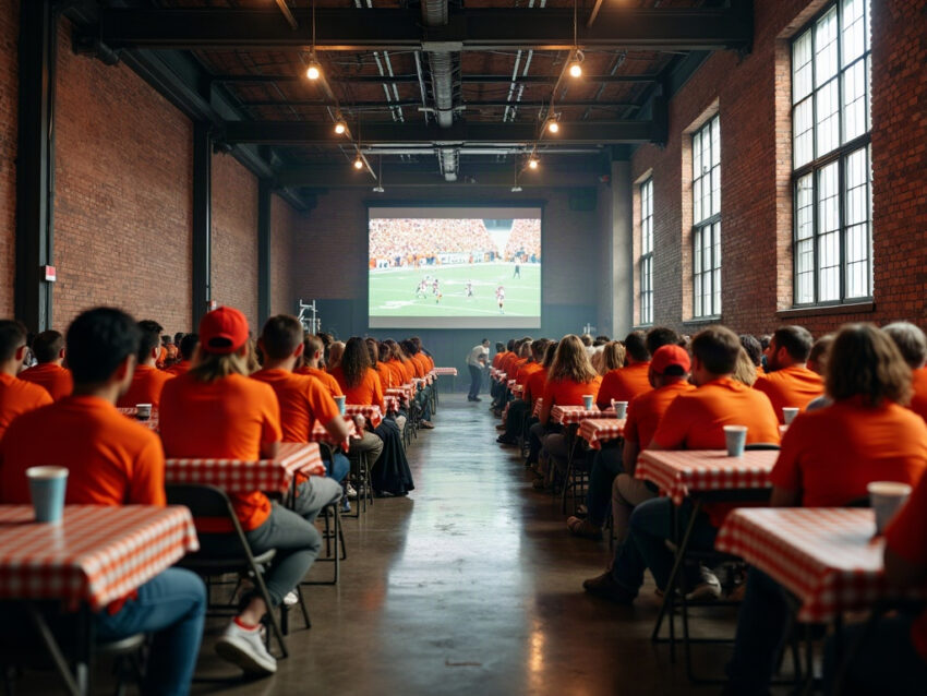 Crowd in orange shirts at checkered tables watching a football game on a projection screen inside a brick event hall