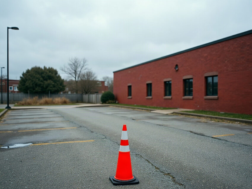 An orange traffic cone in an empty parking space beside a brick building