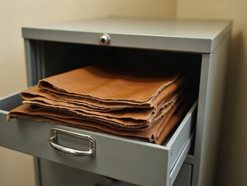 An open filing cabinet drawer holding a folded stack of tanned deerskins