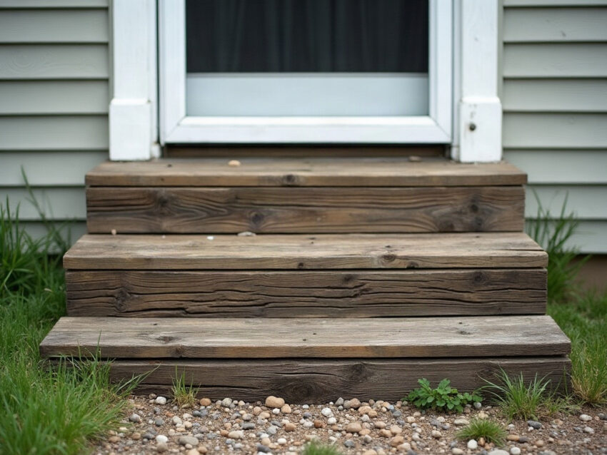 A porch step built from several stacked weathered boards below a screen door
