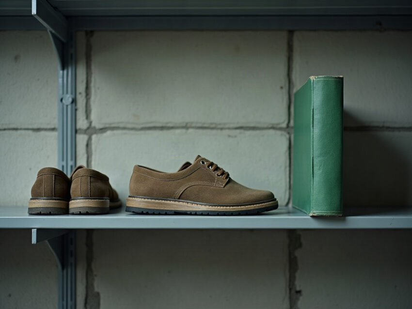 Gray metal shelf holding a few single worn shoes and a green hardbound ledger