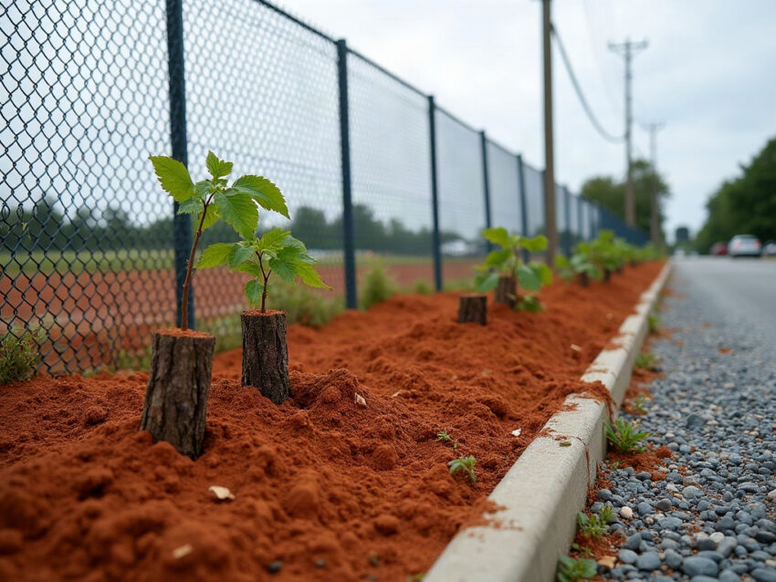 Cleared strip of red clay dirt with cut stumps beside a chain-link fence and a gravel road edge
