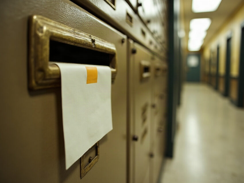 A brass mail slot in the lobby wall of a small post office, beside rows of post office boxes