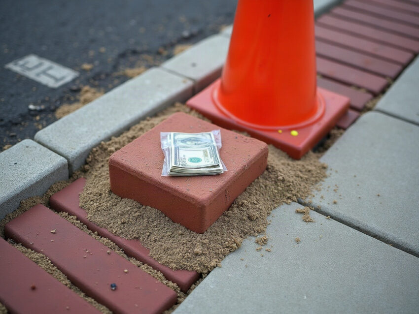 Sandwich bag of folded bills on a loose brick paver beside an orange traffic cone