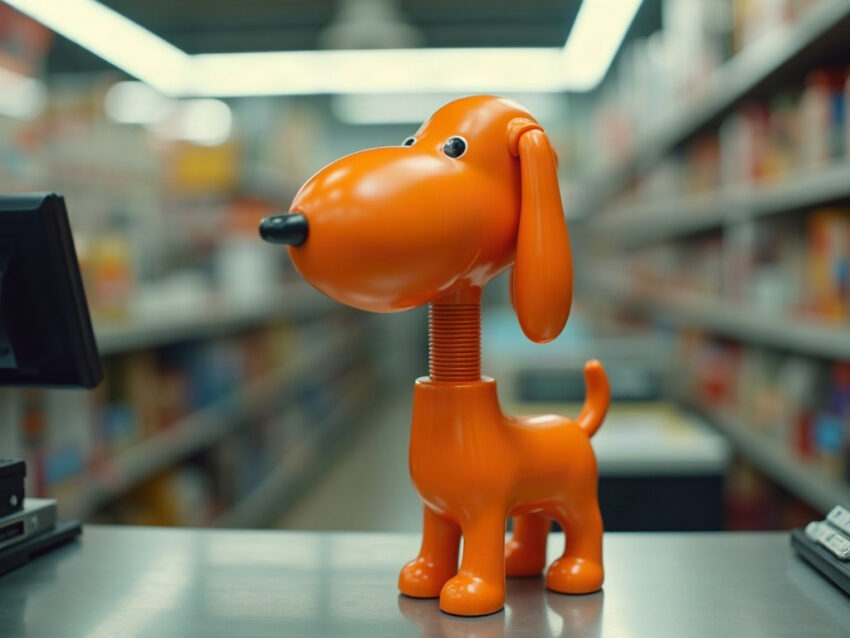 An orange spring-necked dog figurine on a gift shop counter beside a cash register