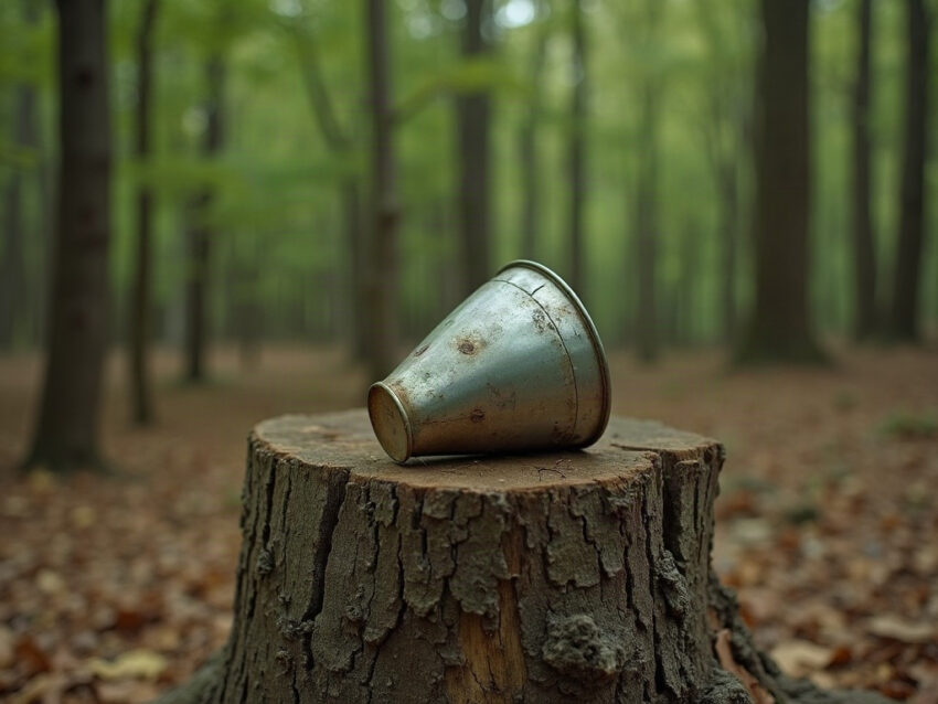 A dented tin cup turned upside down on a tree stump in a hardwood hollow