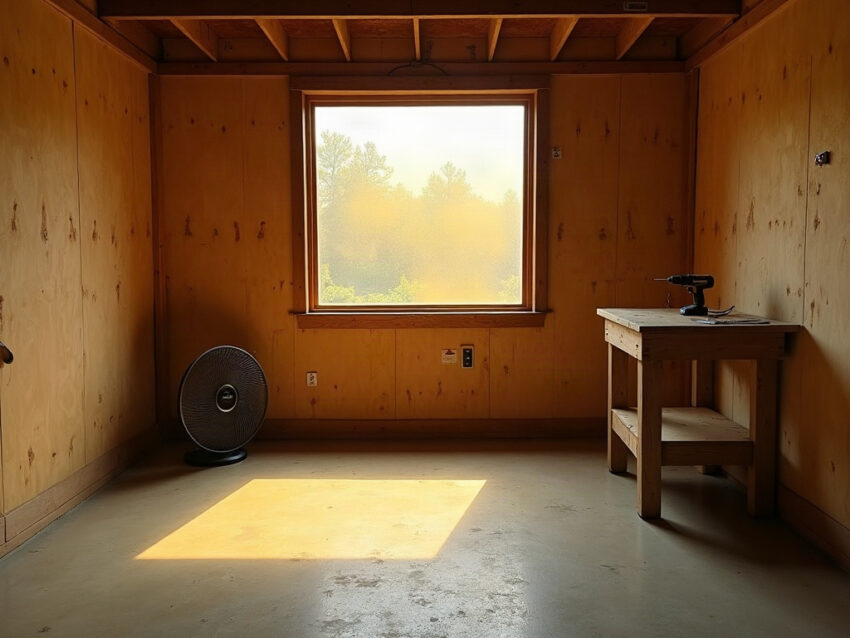 A plywood barn room with a gold-tinted window, afternoon light on the concrete floor, a box fan and a cordless drill on a workbench