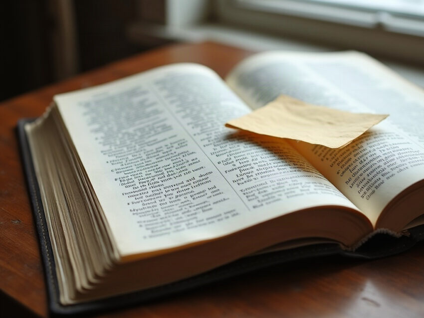 An old hymnal open on a wooden table with a yellowed folded paper tucked between the pages