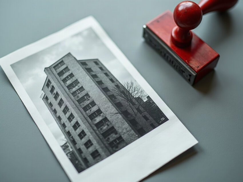 A black-and-white photograph of a multi-story apartment building lying on a gray counter next to a red rubber stamp